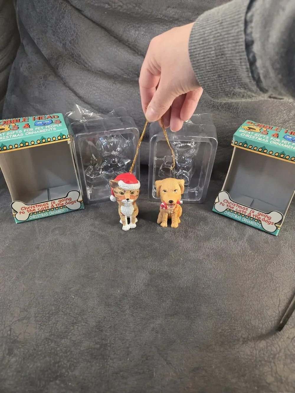 Vintage Cavanagh Bobble Head Christmas Ornaments - Golden Retriever & Tabby Cat